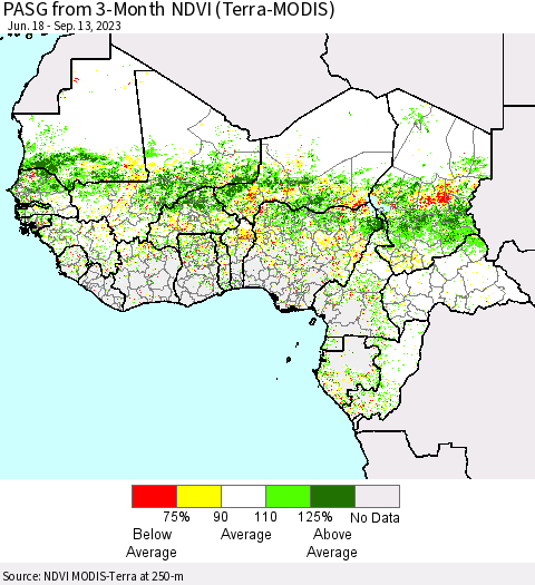Western Africa PASG from 3-Month NDVI (Terra-MODIS) Thematic Map For 9/6/2023 - 9/13/2023