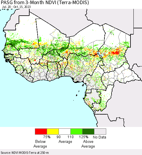 Western Africa PASG from 3-Month NDVI (Terra-MODIS) Thematic Map For 10/8/2023 - 10/15/2023