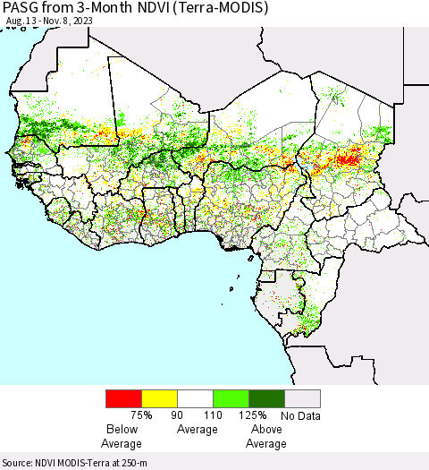 Western Africa PASG from 3-Month NDVI (Terra-MODIS) Thematic Map For 11/1/2023 - 11/8/2023