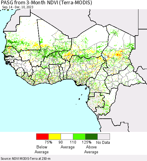 Western Africa PASG from 3-Month NDVI (Terra-MODIS) Thematic Map For 12/3/2023 - 12/10/2023