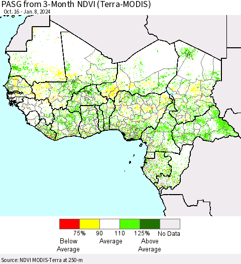 Western Africa PASG from 3-Month NDVI (Terra-MODIS) Thematic Map For 1/1/2024 - 1/8/2024