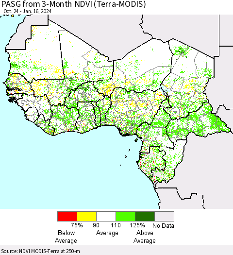 Western Africa PASG from 3-Month NDVI (Terra-MODIS) Thematic Map For 1/9/2024 - 1/16/2024