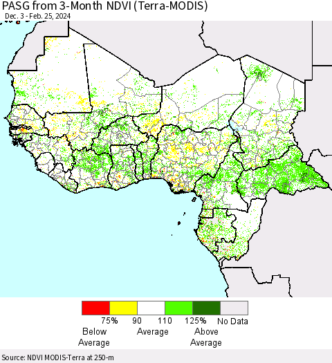 Western Africa PASG from 3-Month NDVI (Terra-MODIS) Thematic Map For 2/18/2024 - 2/25/2024