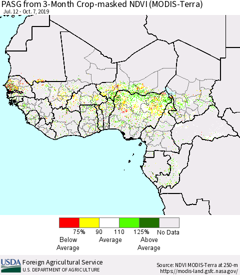 Western Africa PASG from 3-Month Cropland NDVI (Terra-MODIS) Thematic Map For 10/1/2019 - 10/10/2019