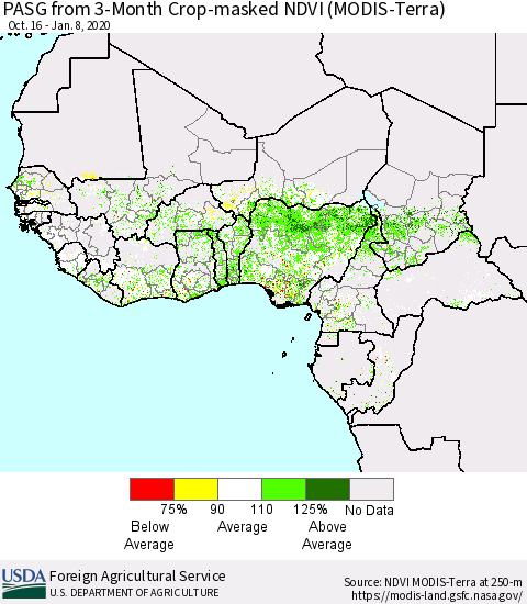 Western Africa PASG from 3-Month Cropland NDVI (Terra-MODIS) Thematic Map For 1/1/2020 - 1/10/2020