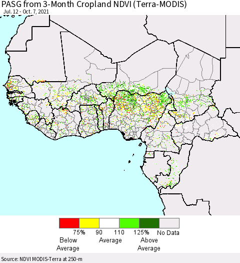 Western Africa PASG from 3-Month Cropland NDVI (Terra-MODIS) Thematic Map For 9/30/2021 - 10/7/2021
