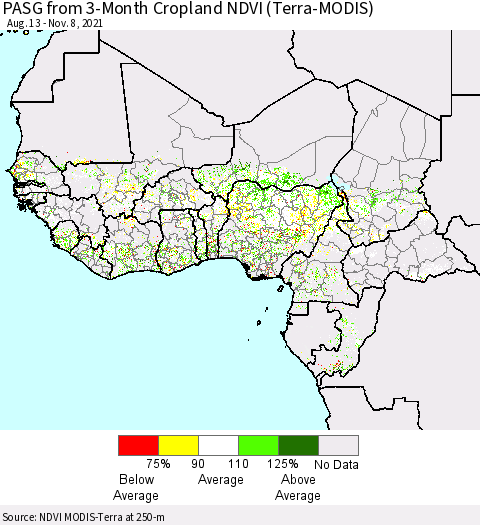 Western Africa PASG from 3-Month Cropland NDVI (Terra-MODIS) Thematic Map For 11/1/2021 - 11/8/2021