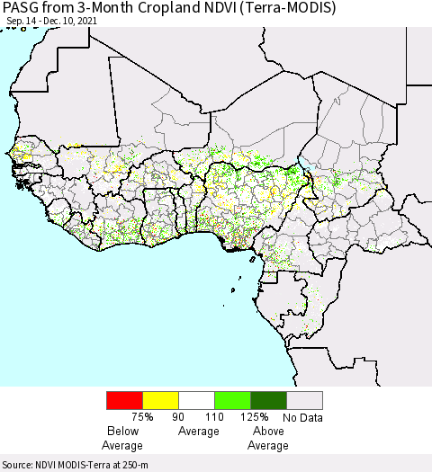 Western Africa PASG from 3-Month Cropland NDVI (Terra-MODIS) Thematic Map For 12/3/2021 - 12/10/2021