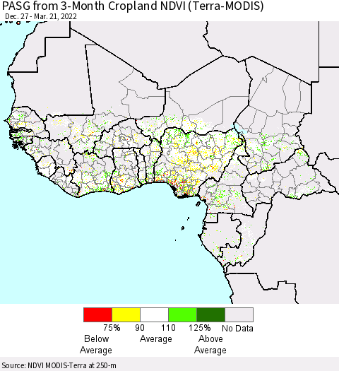 Western Africa PASG from 3-Month Cropland NDVI (Terra-MODIS) Thematic Map For 3/14/2022 - 3/21/2022