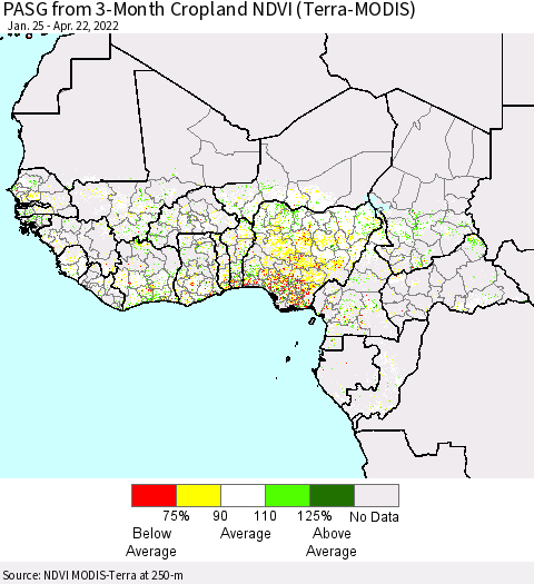 Western Africa PASG from 3-Month Cropland NDVI (Terra-MODIS) Thematic Map For 4/15/2022 - 4/22/2022