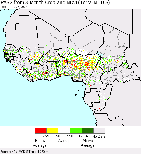 Western Africa PASG from 3-Month Cropland NDVI (Terra-MODIS) Thematic Map For 6/26/2022 - 7/3/2022
