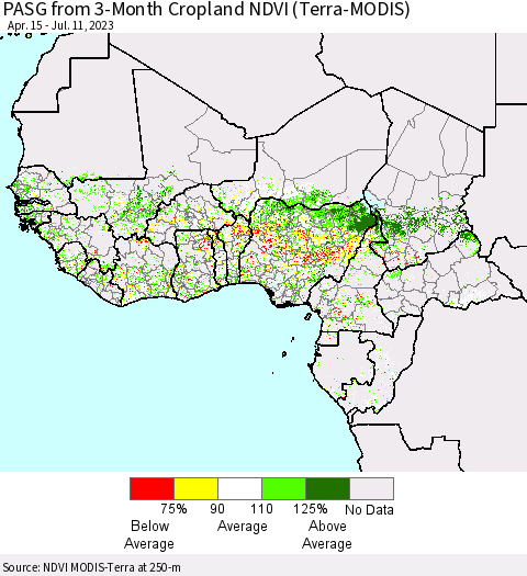 Western Africa PASG from 3-Month Cropland NDVI (Terra-MODIS) Thematic Map For 7/4/2023 - 7/11/2023