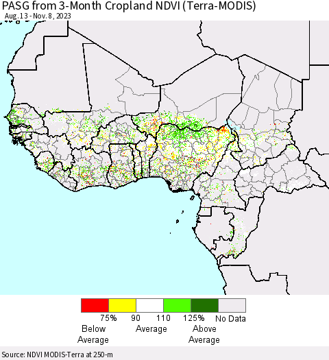 Western Africa PASG from 3-Month Cropland NDVI (Terra-MODIS) Thematic Map For 11/1/2023 - 11/8/2023