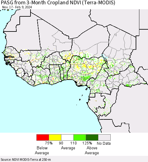 Western Africa PASG from 3-Month Cropland NDVI (Terra-MODIS) Thematic Map For 2/2/2024 - 2/9/2024