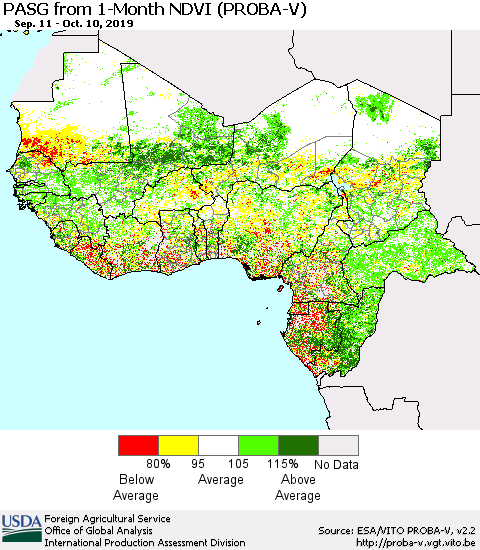Western Africa PASG from 1-Month NDVI (PROBA-V) Thematic Map For 10/1/2019 - 10/10/2019