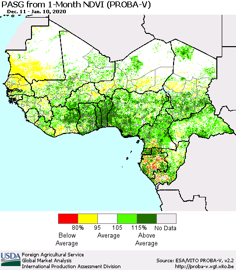 Western Africa PASG from 1-Month NDVI (PROBA-V) Thematic Map For 1/1/2020 - 1/10/2020