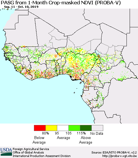 Western Africa PASG from 1-Month Crop-masked NDVI (PROBA-V) Thematic Map For 10/1/2019 - 10/10/2019