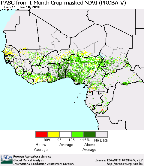 Western Africa PASG from 1-Month Crop-masked NDVI (PROBA-V) Thematic Map For 1/1/2020 - 1/10/2020