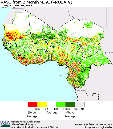 Western Africa PASG from 2-Month NDVI (PROBA-V) Thematic Map For 10/1/2019 - 10/10/2019