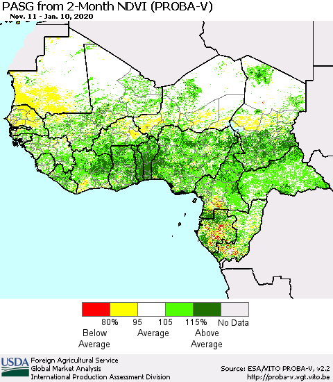Western Africa PASG from 2-Month NDVI (PROBA-V) Thematic Map For 1/1/2020 - 1/10/2020
