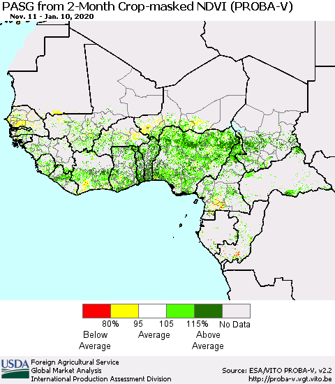 Western Africa PASG from 2-Month Crop-masked NDVI (PROBA-V) Thematic Map For 1/1/2020 - 1/10/2020