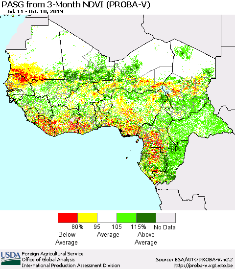 Western Africa PASG from 3-Month NDVI (PROBA-V) Thematic Map For 10/1/2019 - 10/10/2019