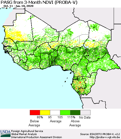 Western Africa PASG from 3-Month NDVI (PROBA-V) Thematic Map For 1/1/2020 - 1/10/2020