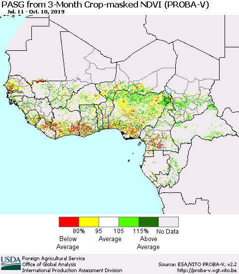 Western Africa PASG from 3-Month Crop-masked NDVI (PROBA-V) Thematic Map For 10/1/2019 - 10/10/2019
