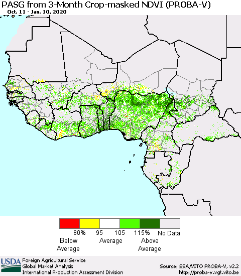 Western Africa PASG from 3-Month Crop-masked NDVI (PROBA-V) Thematic Map For 1/1/2020 - 1/10/2020