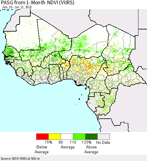 Western Africa PASG from 1-Month NDVI (VIIRS) Thematic Map For 7/4/2021 - 7/11/2021