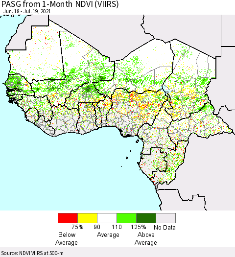 Western Africa PASG from 1-Month NDVI (VIIRS) Thematic Map For 7/12/2021 - 7/19/2021