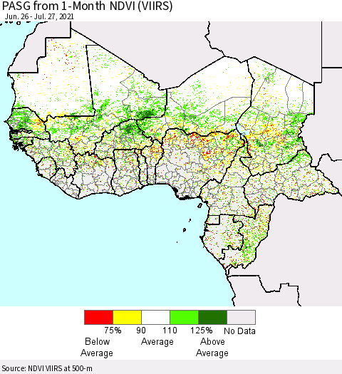 Western Africa PASG from 1-Month NDVI (VIIRS) Thematic Map For 7/20/2021 - 7/27/2021