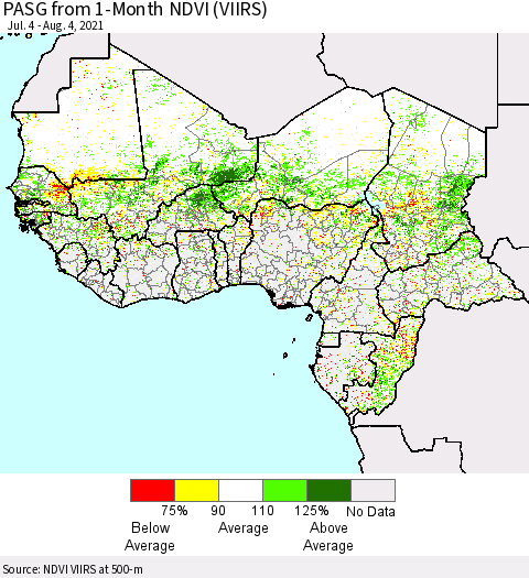 Western Africa PASG from 1-Month NDVI (VIIRS) Thematic Map For 7/28/2021 - 8/4/2021