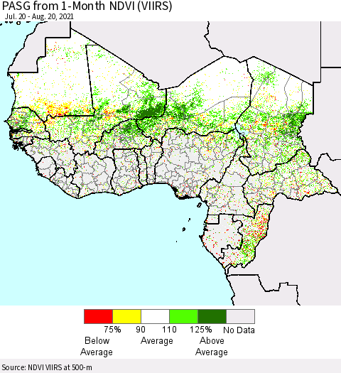 Western Africa PASG from 1-Month NDVI (VIIRS) Thematic Map For 8/13/2021 - 8/20/2021