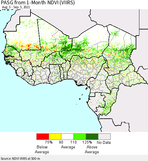 Western Africa PASG from 1-Month NDVI (VIIRS) Thematic Map For 8/29/2021 - 9/5/2021