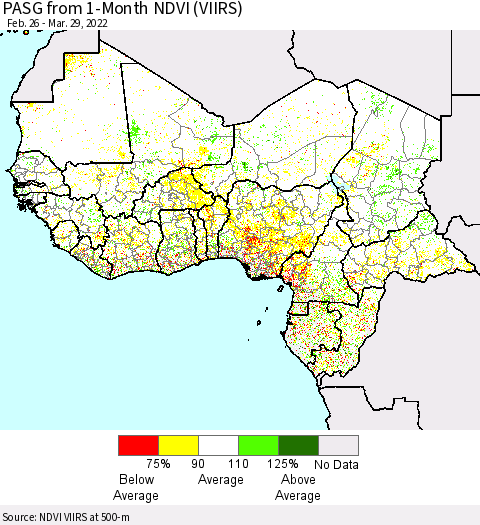 Western Africa PASG from 1-Month NDVI (VIIRS) Thematic Map For 3/22/2022 - 3/29/2022
