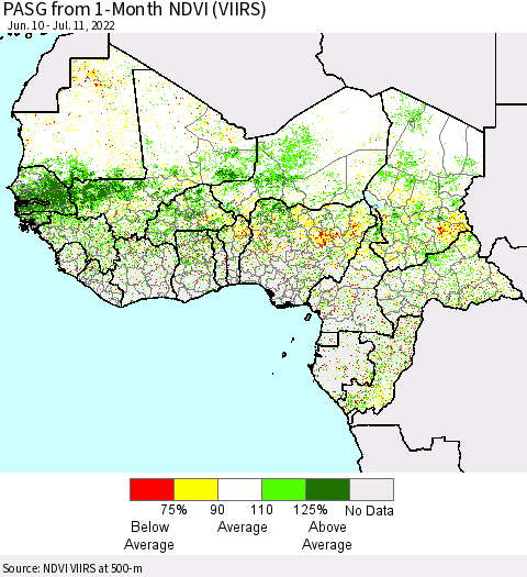 Western Africa PASG from 1-Month NDVI (VIIRS) Thematic Map For 7/4/2022 - 7/11/2022
