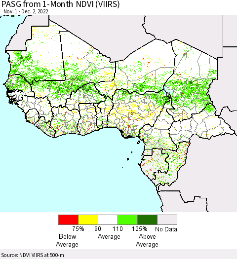 Western Africa PASG from 1-Month NDVI (VIIRS) Thematic Map For 11/25/2022 - 12/2/2022