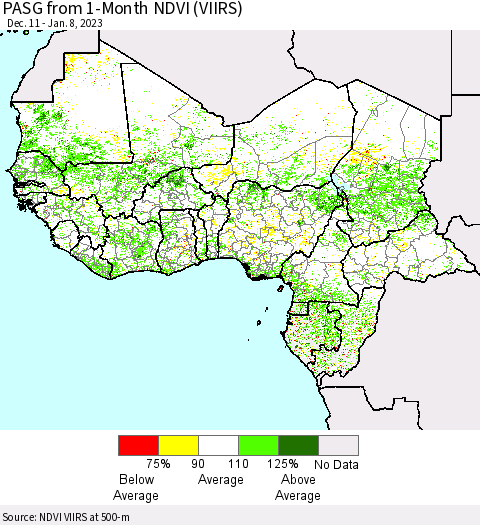 Western Africa PASG from 1-Month NDVI (VIIRS) Thematic Map For 1/1/2023 - 1/8/2023