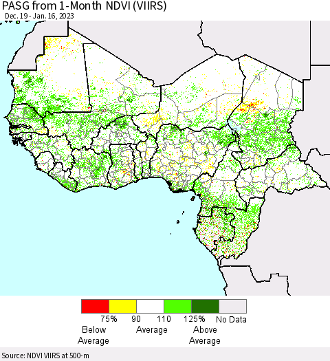 Western Africa PASG from 1-Month NDVI (VIIRS) Thematic Map For 1/9/2023 - 1/16/2023