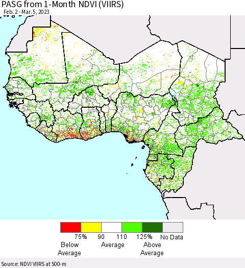 Western Africa PASG from 1-Month NDVI (VIIRS) Thematic Map For 2/26/2023 - 3/5/2023