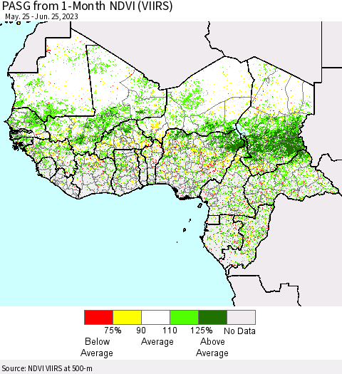 Western Africa PASG from 1-Month NDVI (VIIRS) Thematic Map For 6/18/2023 - 6/25/2023