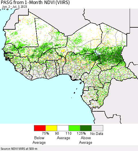 Western Africa PASG from 1-Month NDVI (VIIRS) Thematic Map For 6/26/2023 - 7/3/2023