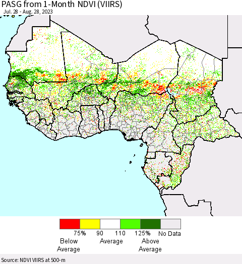 Western Africa PASG from 1-Month NDVI (VIIRS) Thematic Map For 8/21/2023 - 8/28/2023