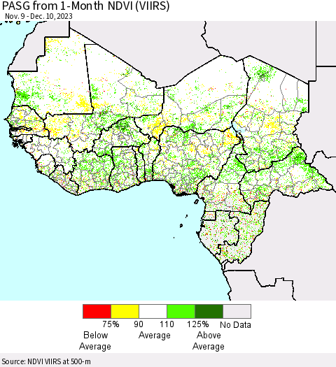 Western Africa PASG from 1-Month NDVI (VIIRS) Thematic Map For 12/3/2023 - 12/10/2023