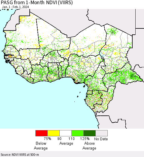Western Africa PASG from 1-Month NDVI (VIIRS) Thematic Map For 1/25/2024 - 2/1/2024