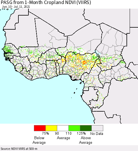 Western Africa PASG from 1-Month Cropland NDVI (VIIRS) Thematic Map For 7/4/2021 - 7/11/2021