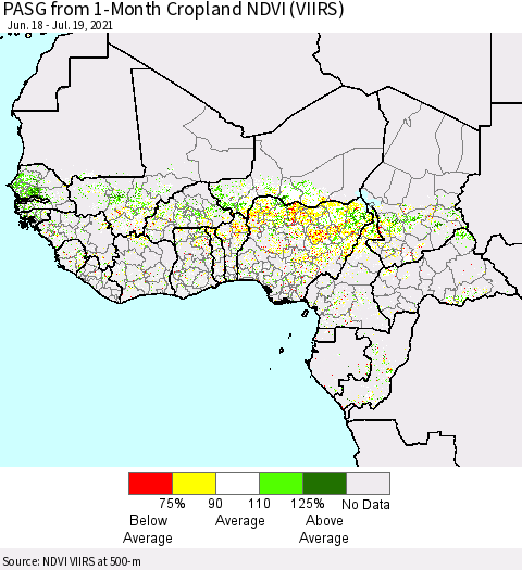 Western Africa PASG from 1-Month Cropland NDVI (VIIRS) Thematic Map For 7/12/2021 - 7/19/2021