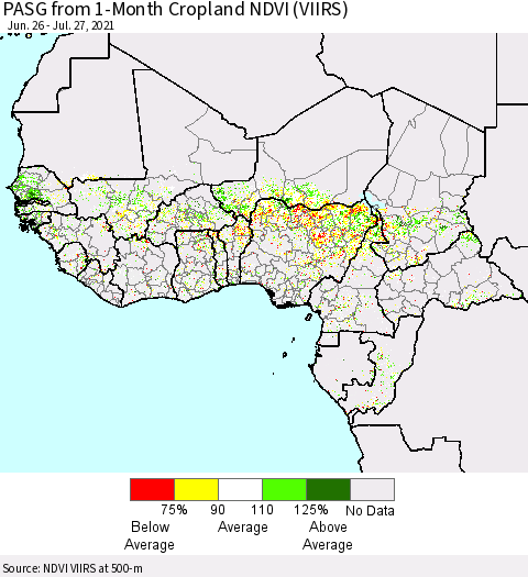 Western Africa PASG from 1-Month Cropland NDVI (VIIRS) Thematic Map For 7/20/2021 - 7/27/2021