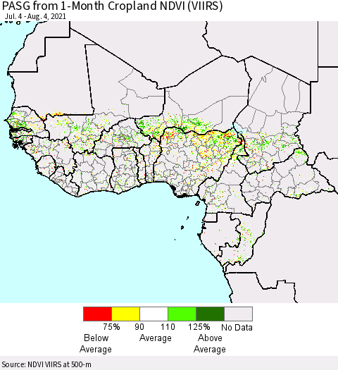 Western Africa PASG from 1-Month Cropland NDVI (VIIRS) Thematic Map For 7/28/2021 - 8/4/2021